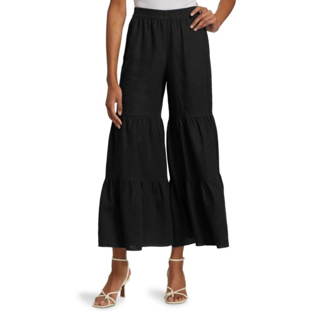 Trina Turk Linen Tiered Wide Leg Pants Small Black Boho Resort Out of Office
